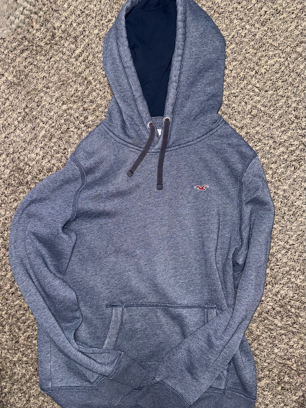 Hollister Men's Heather Navy Hoodie with Contrast Hood Lining